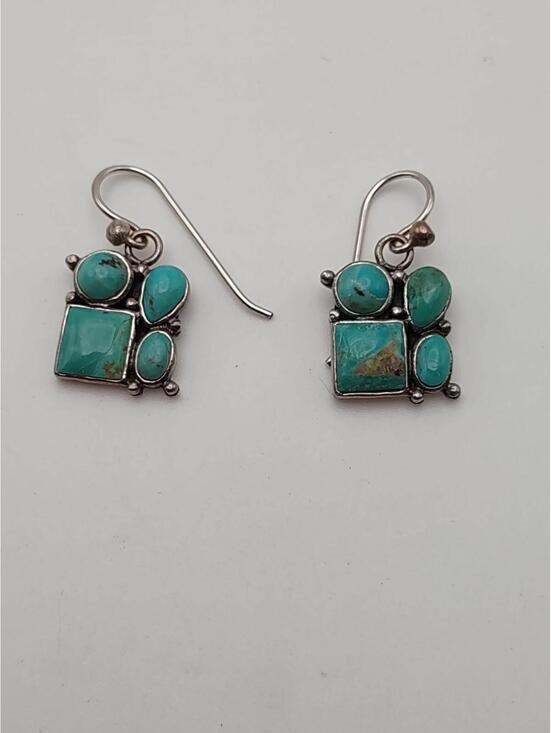 Native American Jewelry - Sterling Silver Turquoise Cluster Dangle Earrings